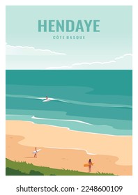 travel poster of Hendaye beach france with people surfing . vector illustration  with minimalist style for poster, postcard, card, art print.