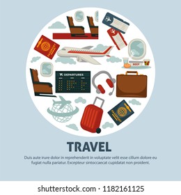Travel poster for holiday vacation and summer air voyage.
