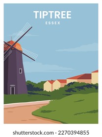 travel poster with house and windmill in tiptree essex. vector illustration background landscape.