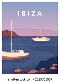 travel poster of ibiza sea with boat landscape. travel to ibiza, spain. vector illustration background suitable for poster, card, postcard.