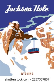 Cartel de viaje del complejo vacacional Jackson Hole. Tarjeta de viaje Wyoming USA para el paisaje invernal de EE.UU.