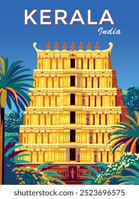 Cartaz de viagem da província de Kerala, Índia, com o tradicional templo hinduista Torre e palmeiras. Ilustração de vetor de desenho artesanal. 