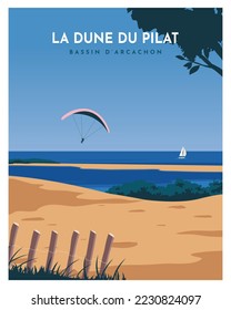 travel poster landscape sand dune with a blue sky with clouds, and paragliding on Dune du Pilat, Arcachon, France.
vector illustration with flat style for poster, postcard, card, bakground, art print. svg