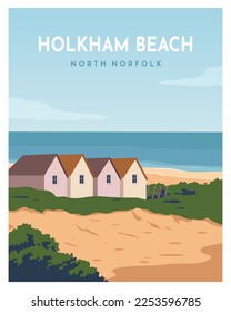 Reiseplakatlandschaft Sanddünen und Strandhaus in holkham strand North Norfolk England, Vereinigtes Königreich. Vektorgrafik mit minimalistischem Stil.