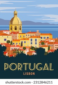 Travel Poster Poster Lisbon, Vintage. Portugal cityscape landmark, sea, sunset sky. Vector illustration