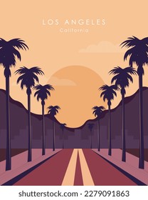 Cartel de viaje. Los Ángeles, California, Estados Unidos. Diseño para postal, banner, afiche, sitio web.