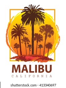 Travel Poster Malibu California. Summer Vacation and Palm Tree Background.