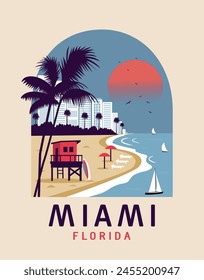 Travel poster of Miami city at sunset. Vector illustration