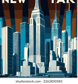 Travel Poster Of New York City With Skyscrapers In Dark And Bright Blueish Colors. Handmade vector art.