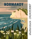 Travel poster Normandy France, vintage seascape rock cliff