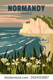 Travel poster Normandy France, vintage seascape rock cliff