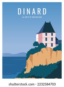 travel poster of ocean coast with historical villas in Dinard, Brittany, France. vector illustration landscape with flat style for poster, postcard, card, print.