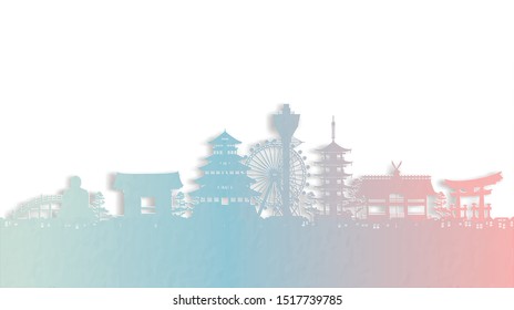 Travel poster with Osaka, Japan famous landmark in paper cut style vector illustration.