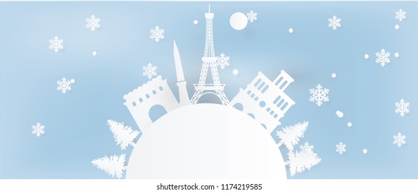 Travel poster with Paris, France famous landmarks in paper cut style. Vector illustration