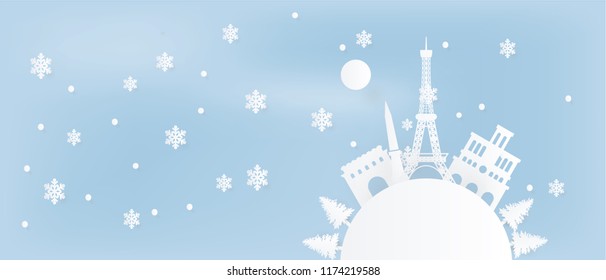 Travel poster with Paris, France famous landmarks in paper cut style. Vector illustration