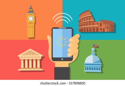 Travel Poster with Phone and Landmarks