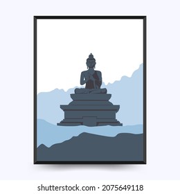 Travel poster post card vintage template. Limited colors, no gradients. Vector illustration. Buddha statue, Ravangla, Sikkim, India