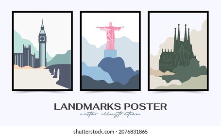 Travel poster post card vintage template. Limited colors, no gradients. Vector illustration. 