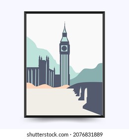 Travel poster post card vintage template. Limited colors, no gradients. Vector illustration. Big Ben,  Westminster, London, England