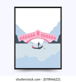 Travel poster post card vintage template. Limited colors, no gradients. Vector illustration. Rialto Bridge, Venice, Veneto, Italy