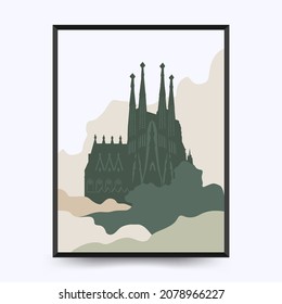 Travel poster post card vintage template. Limited colors, no gradients. Vector illustration. Sagrada Família,  Barcelona, Spain