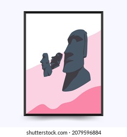 Travel poster post card vintage template. Limited colors, no gradients. Vector illustration. Ahu Tongariki,  Easter Island (Rapa Nui)