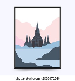 Travel poster post card vintage template. Limited colors, no gradients. Vector illustration. Wat Arun, Bangkok, Thailand