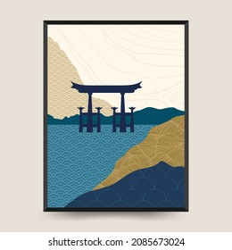 Travel poster post card vintage template. Limited colors, no gradients. Vector illustration. Torii Gate,  Itsukushima, Japan