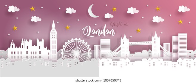 Travel poster and postcard with Night in London concept with world famous landmarks, paper cut style vector illustration.