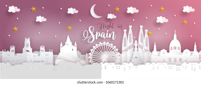 Travel poster and postcard with Night in Spain concept with world famous landmarks, paper cut style vector illustration.