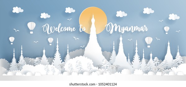 Travel poster or postcard promoting world famous landmarks with the temple of Bagan, Myanmar in paper art design vector illustration.