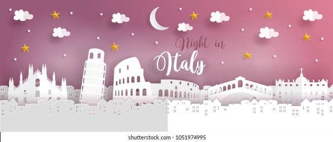Travel poster or postcard with symbol of Italy with world famous landmarks, paper cut style vector illustration. Travel poster or postcard with symbol of Italy with world famous landmarks, paper cut style vector illustration.