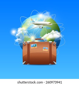Travel poster with realistic globe tourist suitcase and airplane flying around the world vector illustration