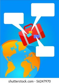 Travel poster with red suitcase and Earth on the background