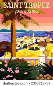 Travel Poster Resort Saint Tropez Französisch Cote de l azur Küste Vintage