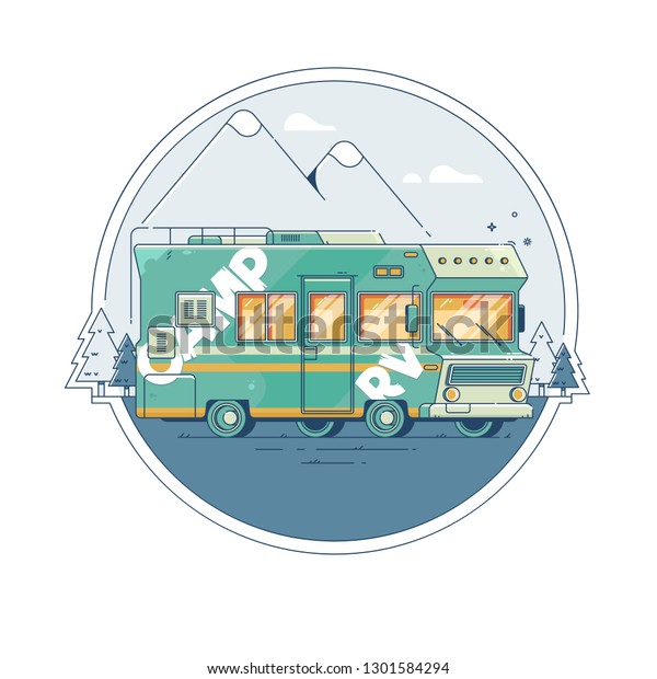 travel poster with a retro camper on the\
background of mountains. Line\
style.