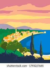 Travel poster retro old city Mediterranean sea vacation Europe. Holiday summer voyage seaside sunset. Vintage style vector illustration