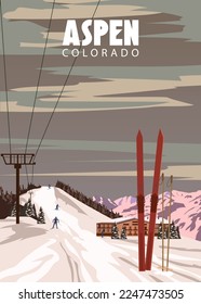 Travel poster retro Resort Aspen Ski Colorado USA winter landscape travel card