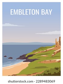 travel poster with sandy beach and Castle in Embleton Bay Northumberland. vector illustration with minimalist style.