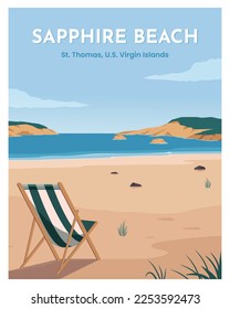 travel poster Sapphire beach on St. Thomas virgin island. vector illustration landscape background with colored style.