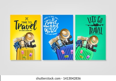 Travel Poster Set Template with Traveling Bag and Message Logo Text in Gradient Background with Mesh 3D Realistic Elements. Vector Illustration