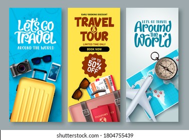 Travel Poster Set Vector Background. Travel And Tour With Promo Text And Traveling Elements For Tourism Promotional Design. Vector Illustration.
