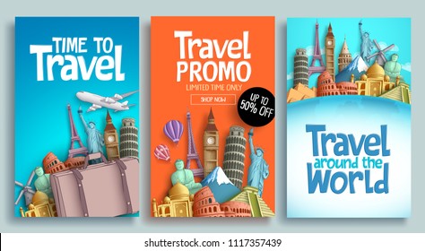 Travel poster set vector template design with promo text and world's famous landmarks and tourist destinations elements in colorful background. Vector illustration.
 - Shutterstock ID 1117357439