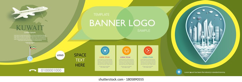 Travel poster set vector template design with promotion text for presentation of Kuwait brochure world famous landmarks and tourist destinations elements in colorful background. Vector illustration.