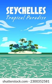 Travel poster Seychelles vintage. Paradise islandresort with coast white sand