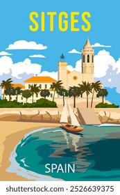 Póster de viaje Sitges España, resort tropical vista a la bahía