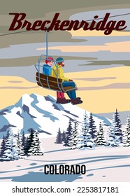 Travel poster Ski Breckenridge resort vintage. America winter landscape travel card