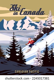 Afiche de viajes Ski en la cosecha de Canadá. Tarjeta de viaje de paisajes de invierno de Canadá