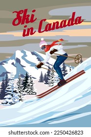 Travel poster Ski in Canada vintage. Canada winter landscape travel card