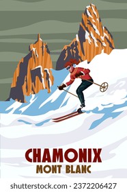 Travel poster Ski Chamonix resort vintage. France winter landscape travel card